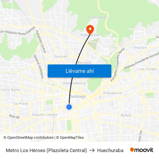 Metro Los Héroes (Plazoleta Central) to Huechuraba map