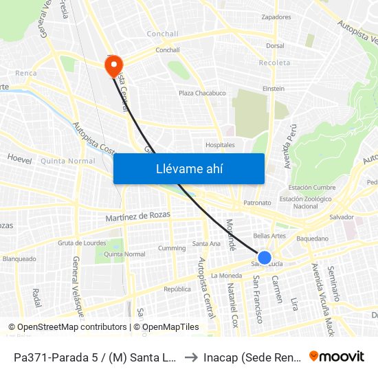 Pa371-Parada 5 / (M) Santa Lucía to Inacap (Sede Renca) map