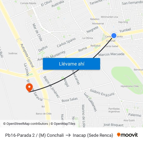 Pb16-Parada 2 / (M) Conchalí to Inacap (Sede Renca) map