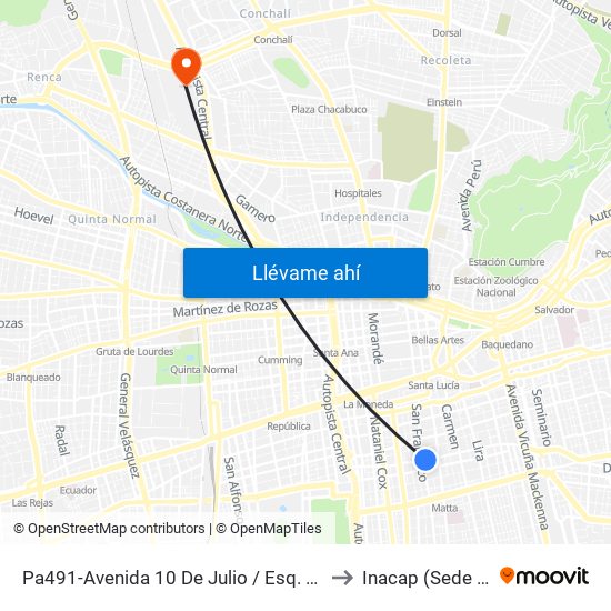 Pa491-Avenida 10 De Julio / Esq. San Francisco to Inacap (Sede Renca) map