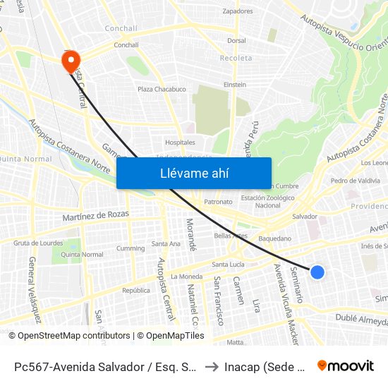 Pc567-Avenida Salvador / Esq. Santa Isabel to Inacap (Sede Renca) map