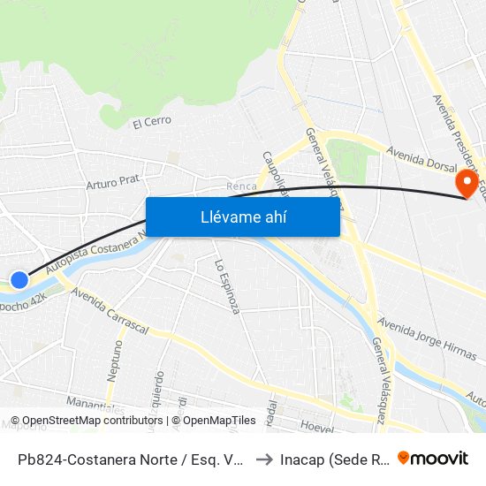 Pb824-Costanera Norte / Esq. Valle Alegre to Inacap (Sede Renca) map