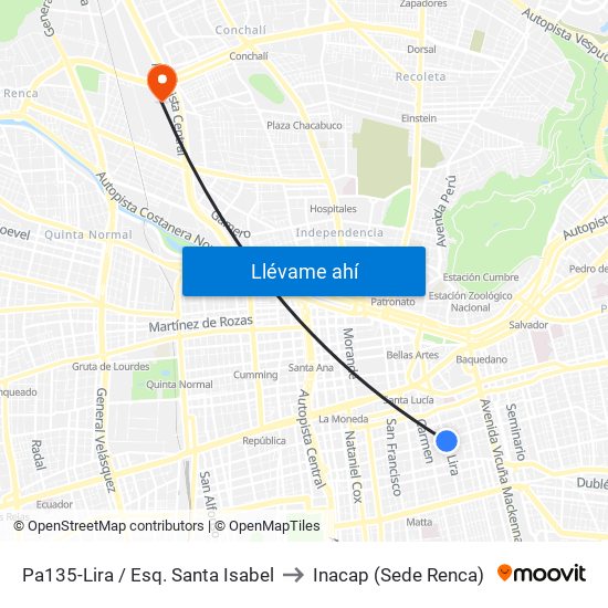 Pa135-Lira / Esq. Santa Isabel to Inacap (Sede Renca) map