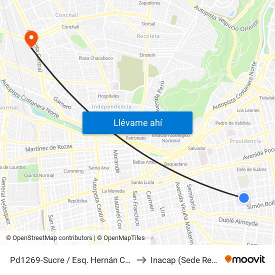 Pd1269-Sucre / Esq. Hernán Cortés to Inacap (Sede Renca) map