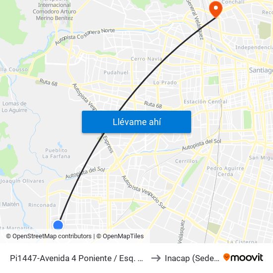 Pi1447-Avenida 4 Poniente / Esq. Nueva San Martín to Inacap (Sede Renca) map