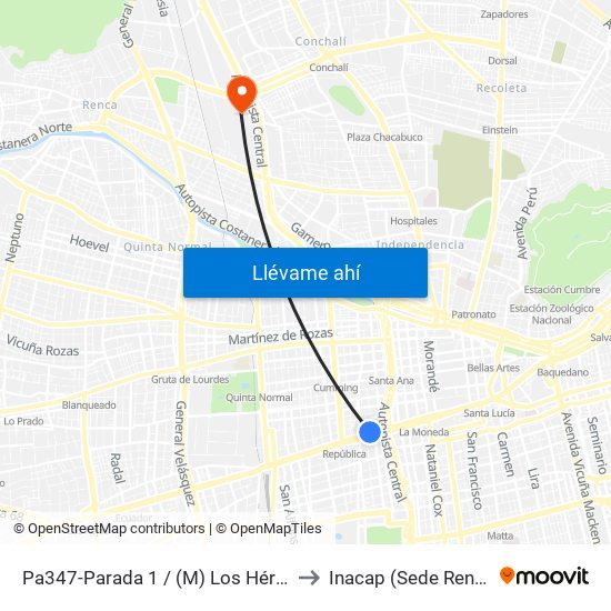Pa347-Parada 1 / (M) Los Héroes to Inacap (Sede Renca) map