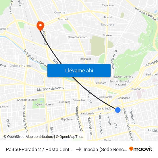 Pa360-Parada 2 / Posta Central to Inacap (Sede Renca) map