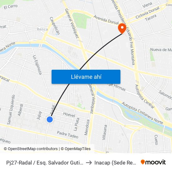 Pj27-Radal / Esq. Salvador Gutiérrez to Inacap (Sede Renca) map