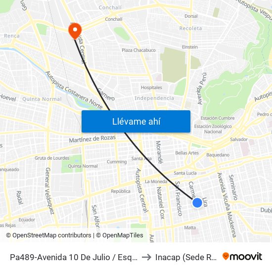 Pa489-Avenida 10 De Julio / Esq. Carmen to Inacap (Sede Renca) map