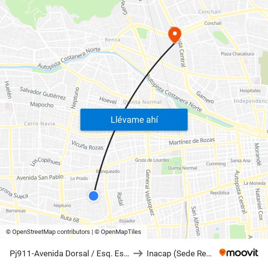 Pj911-Avenida Dorsal / Esq. España to Inacap (Sede Renca) map