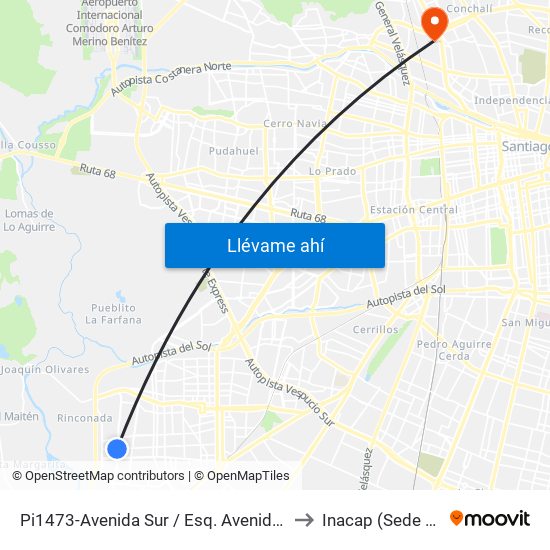 Pi1473-Avenida Sur / Esq. Avenida 4 Poniente to Inacap (Sede Renca) map