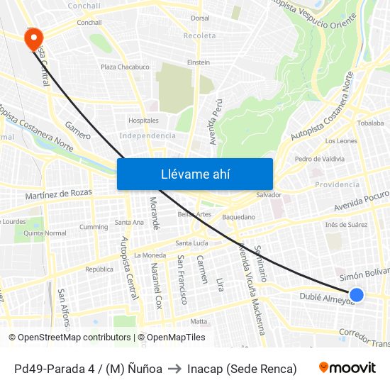 Pd49-Parada 4 / (M) Ñuñoa to Inacap (Sede Renca) map