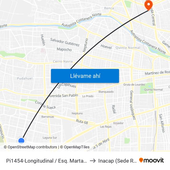 Pi1454-Longitudinal / Esq. Marta Ossa Ruiz to Inacap (Sede Renca) map