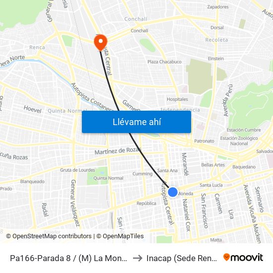 Pa166-Parada 8 / (M) La Moneda to Inacap (Sede Renca) map