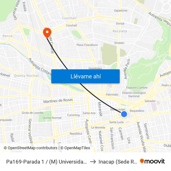 Pa169-Parada 1 / (M) Universidad Católica to Inacap (Sede Renca) map