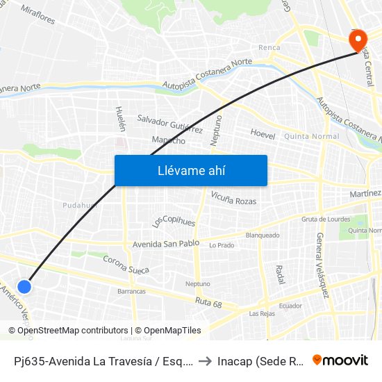 Pj635-Avenida La Travesía / Esq. Serrano to Inacap (Sede Renca) map