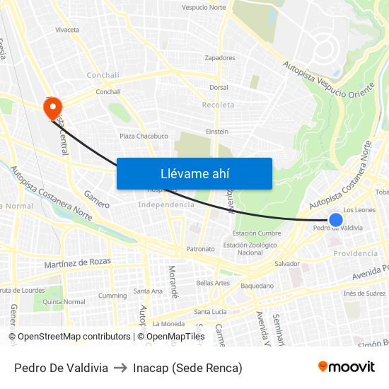 Pedro De Valdivia to Inacap (Sede Renca) map