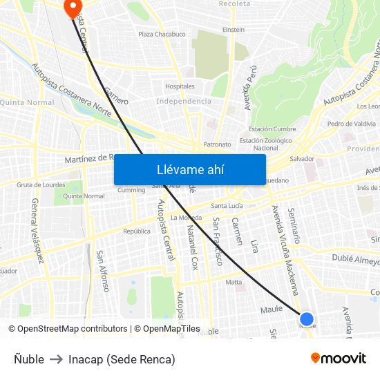 Ñuble to Inacap (Sede Renca) map