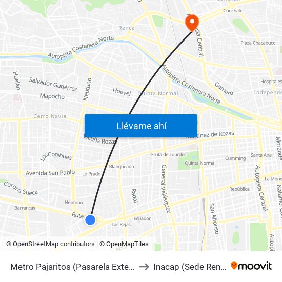 Metro Pajaritos (Pasarela Exterior) to Inacap (Sede Renca) map