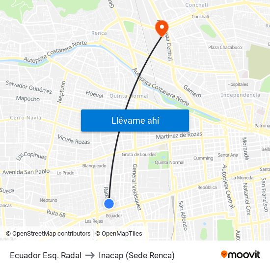 Ecuador Esq. Radal to Inacap (Sede Renca) map