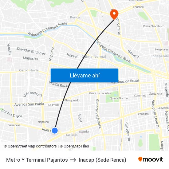 Metro Y Terminal Pajaritos to Inacap (Sede Renca) map