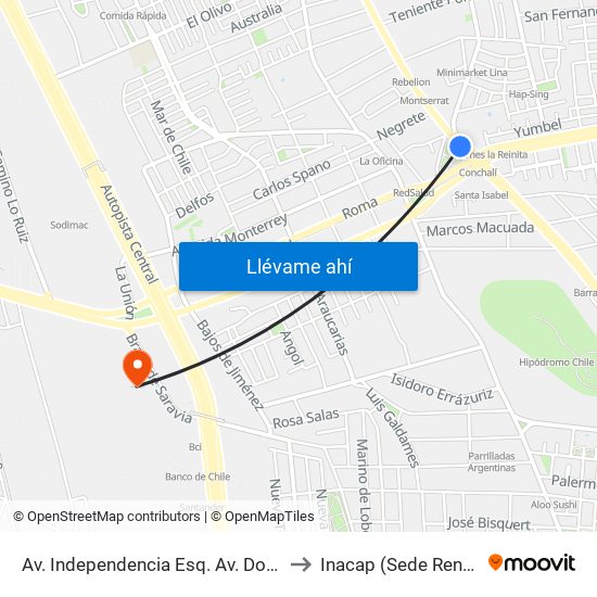 Av. Independencia Esq. Av. Dorsal to Inacap (Sede Renca) map