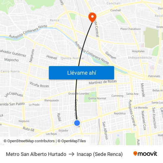 Metro San Alberto Hurtado to Inacap (Sede Renca) map