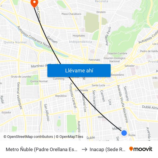 Metro Ñuble (Padre Orellana Esq. Ñuble) to Inacap (Sede Renca) map