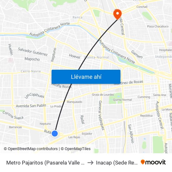 Metro Pajaritos (Pasarela Valle Verde) to Inacap (Sede Renca) map