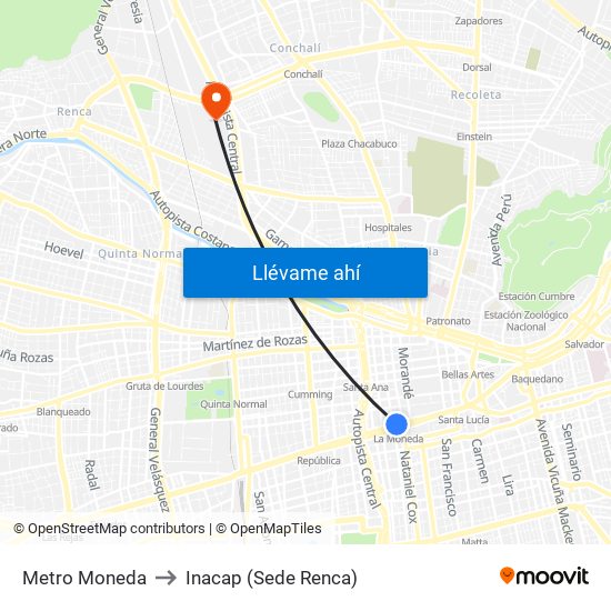 Metro Moneda to Inacap (Sede Renca) map