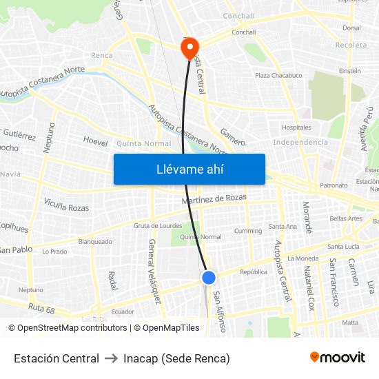 Estación Central to Inacap (Sede Renca) map