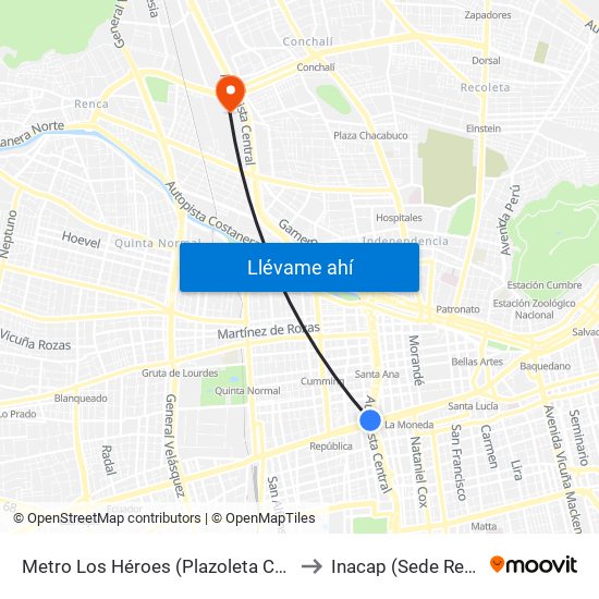 Metro Los Héroes (Plazoleta Central) to Inacap (Sede Renca) map