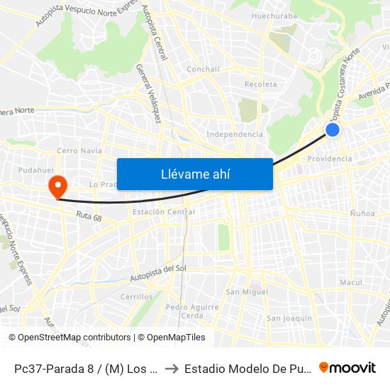 Pc37-Parada 8 / (M) Los Leones to Estadio Modelo De Pudahuel map