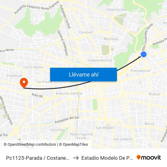 Pc1125-Parada / Costanera Center to Estadio Modelo De Pudahuel map