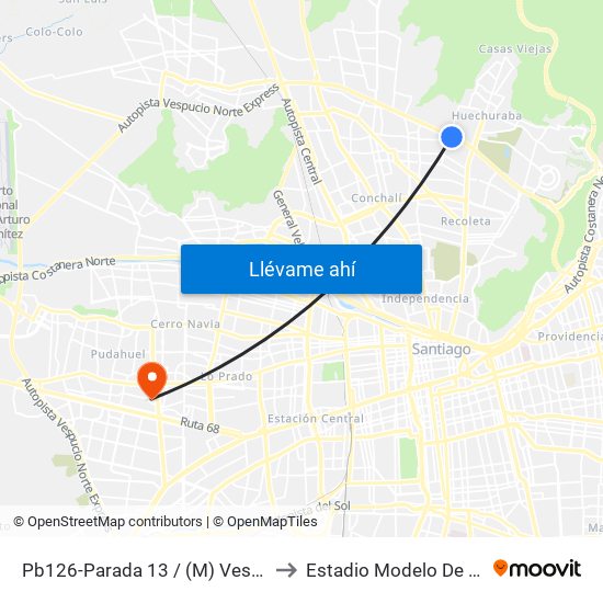 Pb126-Parada 13 / (M) Vespucio Norte to Estadio Modelo De Pudahuel map