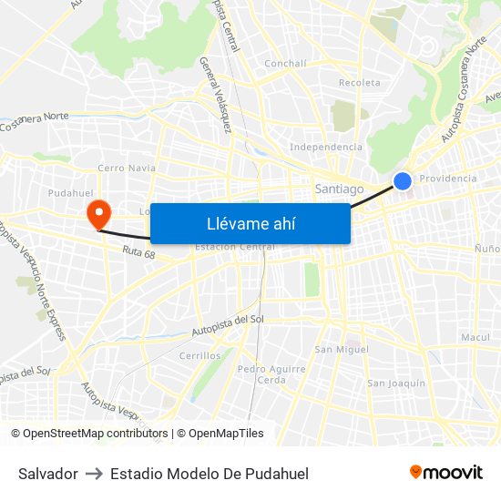 Salvador to Estadio Modelo De Pudahuel map