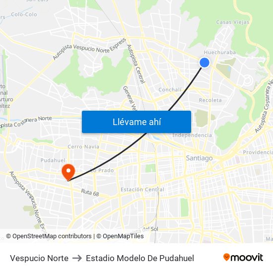 Vespucio Norte to Estadio Modelo De Pudahuel map