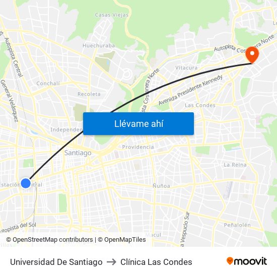 Universidad De Santiago to Clínica Las Condes map