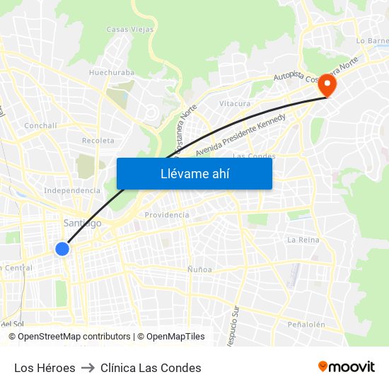 Los Héroes to Clínica Las Condes map