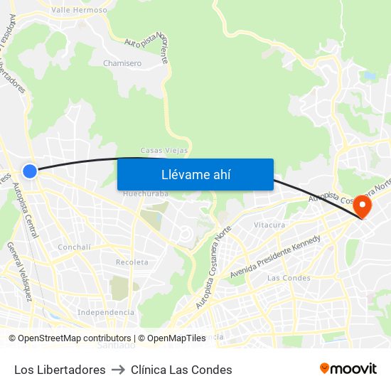 Los Libertadores to Clínica Las Condes map