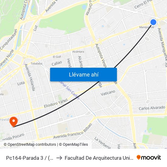Pc164-Parada 3 / (M) Manquehue to Facultad De Arquitectura Universidad Finis Terrae map