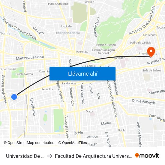 Universidad De Santiago to Facultad De Arquitectura Universidad Finis Terrae map