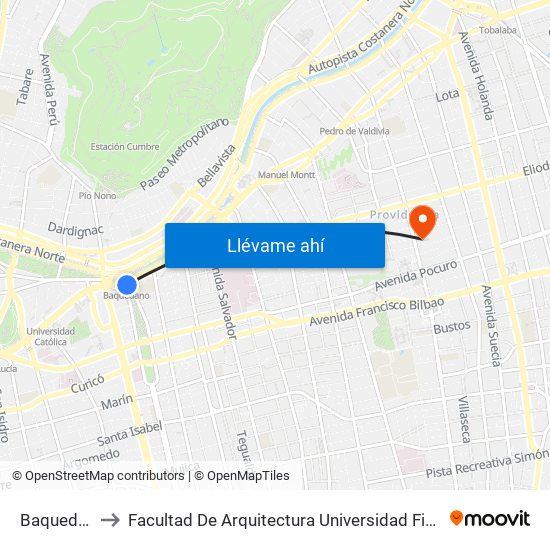 Baquedano to Facultad De Arquitectura Universidad Finis Terrae map