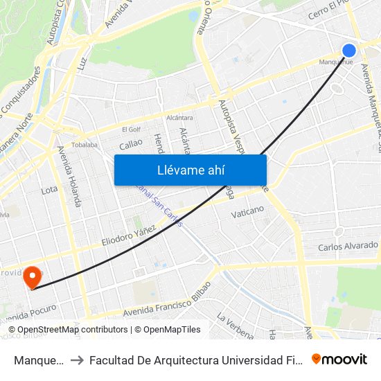 Manquehue to Facultad De Arquitectura Universidad Finis Terrae map