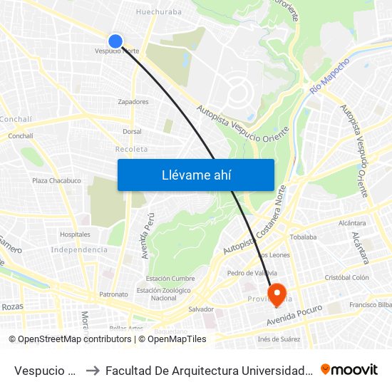 Vespucio Norte to Facultad De Arquitectura Universidad Finis Terrae map