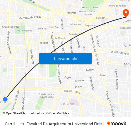 Cerrillos to Facultad De Arquitectura Universidad Finis Terrae map