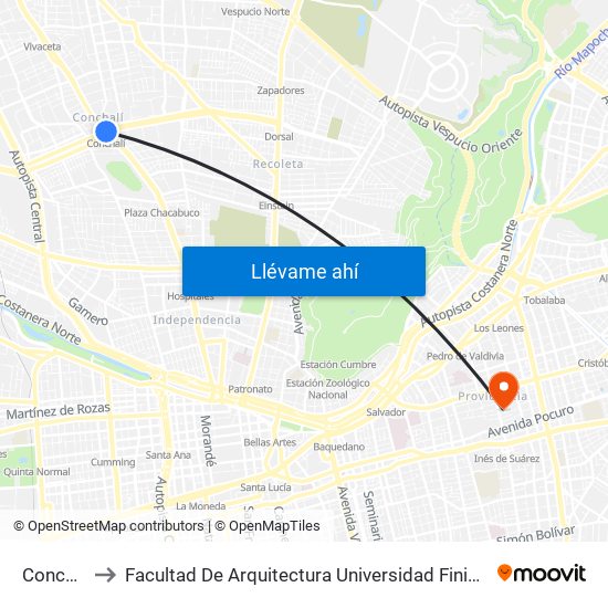 Conchalí to Facultad De Arquitectura Universidad Finis Terrae map