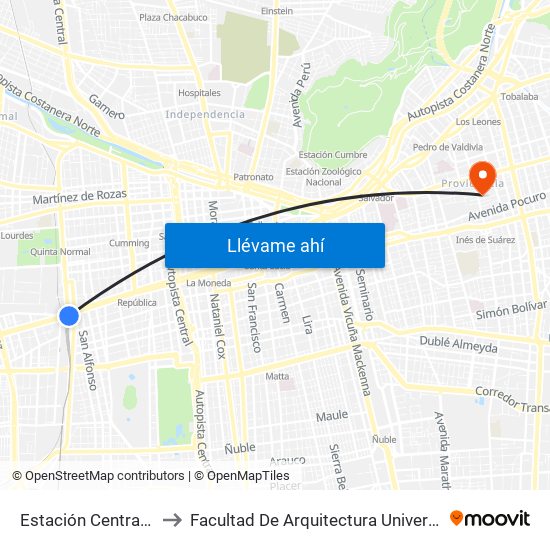 Estación Central (Anden1) to Facultad De Arquitectura Universidad Finis Terrae map