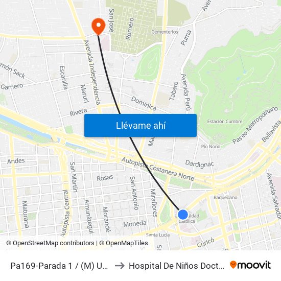Pa169-Parada 1 / (M) Universidad Católica to Hospital De Niños Doctor Roberto Del Río map