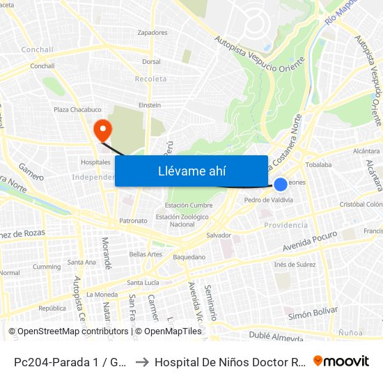 Pc204-Parada 1 / Guardia Vieja to Hospital De Niños Doctor Roberto Del Río map
